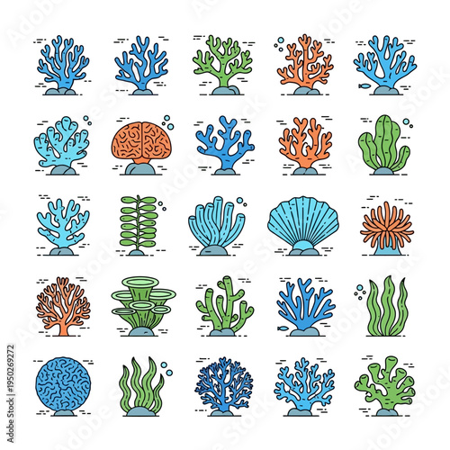 Colorful Coral Reef Icons Set - Underwater Marine Life Collection