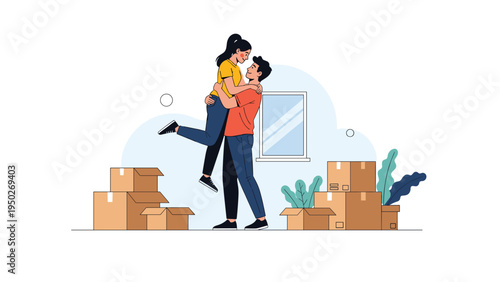Joyful young couple celebrates moving into their new home by hugging among several cardboard boxes in a bright room with a large window.