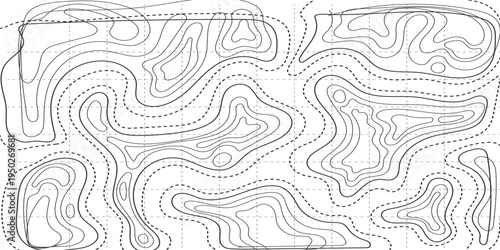 Abstract topographic contour map pattern with flowing elevation lines and grid background.