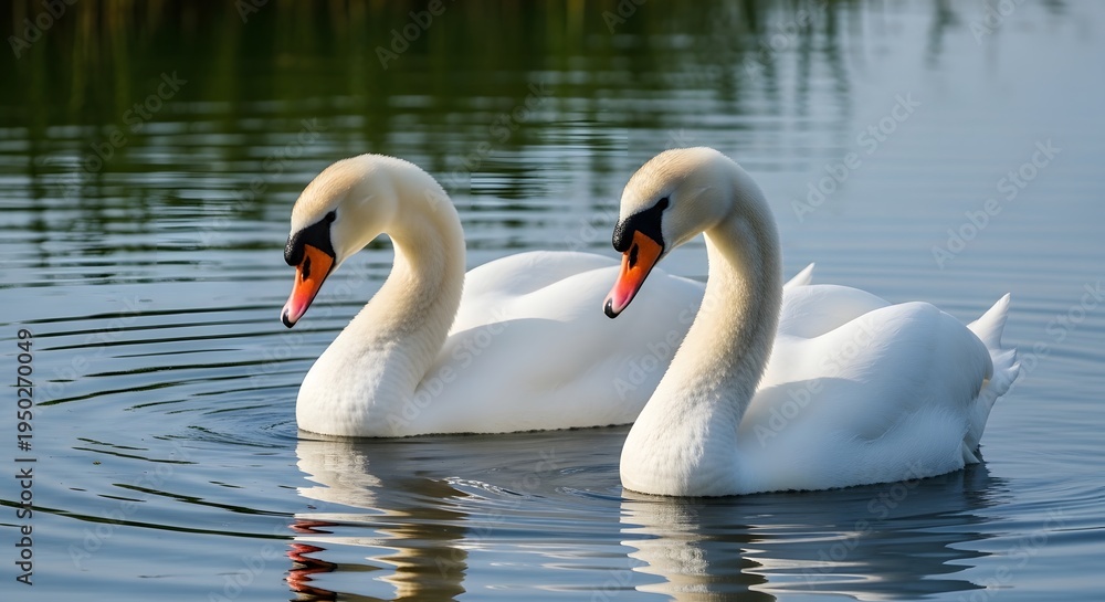 Obraz premium Two white swans swimming peacefully in a serene body of water