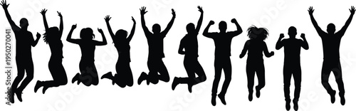 Jumping people silhouettes collection, happy crowd celebrating with raised hands, energetic youth jumping poses isolated vector illustration set