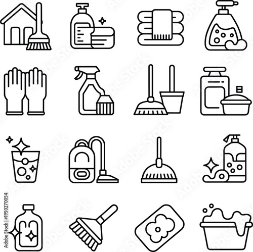 House cleaning line icons set including broom, mop, gloves, spray bottle, vacuum cleaner, detergent and bucket minimalist outline vector collection for housekeeping services