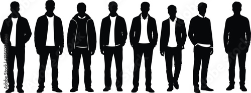 Men standing silhouettes collection, casual and business male people poses vector illustration set, modern male characters isolated pack