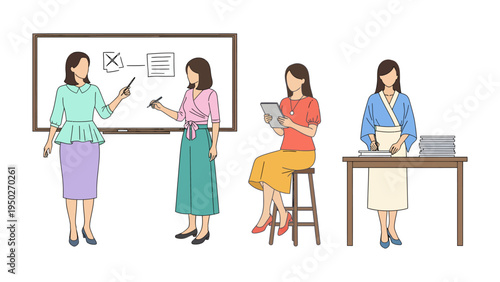 Professional Women in a Workplace Setting: A set of women in different roles, engaged in their duties around a workplace scene. Their attire and actions depict the nature of their work environments.