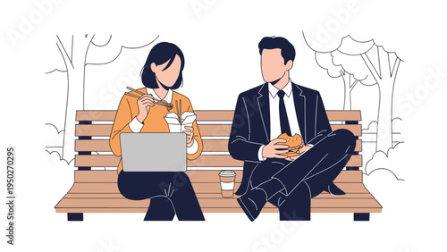Two business professionals sit together on a wooden park bench while eating their lunch and working on a laptop during their office break.