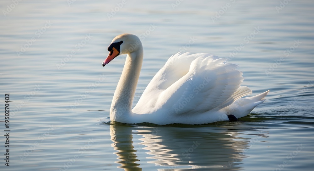Obraz premium A white swan swimming peacefully in calm water with its reflection visible