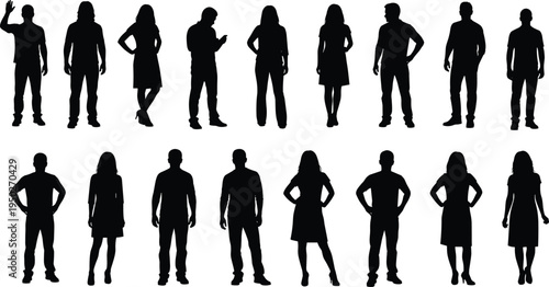 People standing silhouettes collection, men and women full body poses isolated, diverse human figures vector illustration set