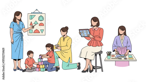 Educators at work: A comprehensive depiction of educators engaging in a variety of activities to nurture the minds of children.