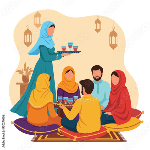Muslim family and friends gathering for iftar meal on floor