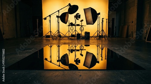 Image of a professional photo studio setup featuring lighting equipment and reflective surfaces for photography. Generative AI.