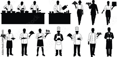 Restaurant chefs and waiters silhouette set, professional kitchen staff cooking and serving food, hospitality workers vector illustration collection
