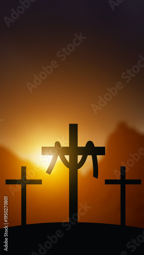A dramatic silhouette of three crosses on a hill against a glowing sunset. The central cross features a draped cloth, representing the resurrection and Easter story