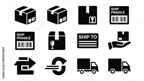 Black vector shipping and delivery icons set including boxes labels trucks and handling symbols for logistics and transportation themes