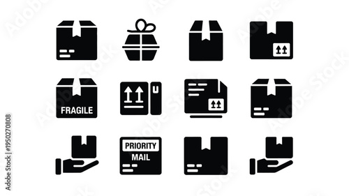 Vector illustration pack featuring various shipping and delivery icons including fragile priority mail and gift boxes on white background