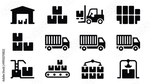 Black and white vector icons of logistics and transportation symbols including trucks forklifts warehouses and cargo boxes on a plain background