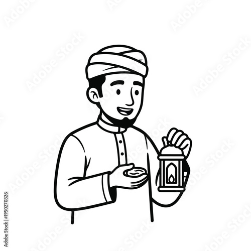 Man in traditional Middle Eastern clothing holding lantern and cup