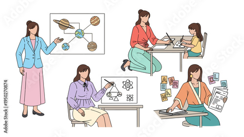 Teacher's Dedication: Scenes of a dedicated educator engaging in various teaching methods, including a presentation, assisting a student, and preparing educational materials.