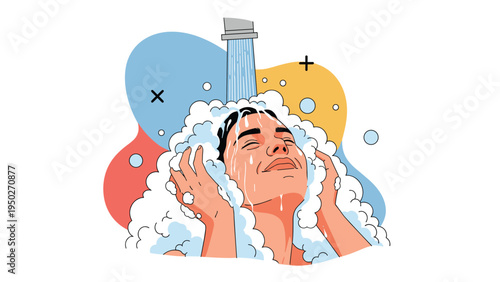 Smiling young woman enjoys a refreshing shower with plenty of white soap bubbles on her head against a colorful and abstract background.