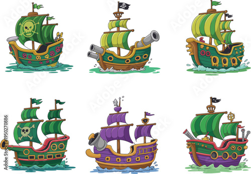 Cartoon pirate ships collection with cannons and sails, colorful sea adventure vector illustration isolated