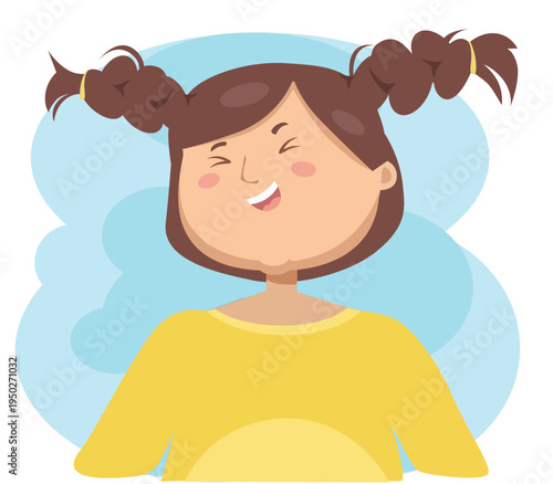 Happy smiling girl with eyes closed, joyful child laughing and feeling positive.