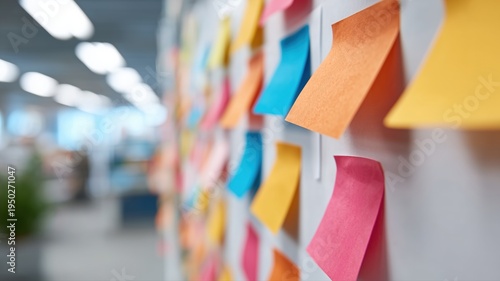 Agile Methodik und Projektmanagementkonzept mit farbigen Haftnotizen auf transparenter Tafel für Geschäftsinnovationen