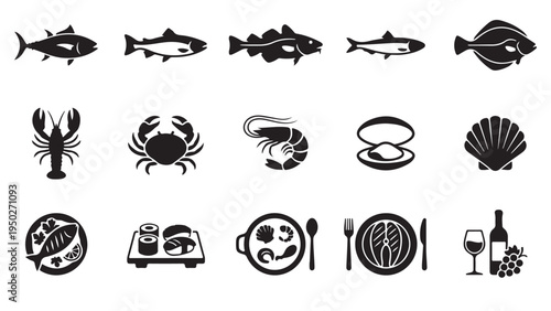 Seafood and Fish Icon Set - Black Silhouettes of Marine Life and Restaurant Dishes