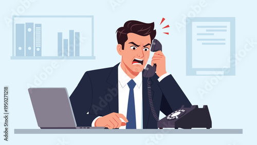 Angry businessman shouts into an old-fashioned telephone receiver while sitting at his office desk with a laptop and folders in the back.
