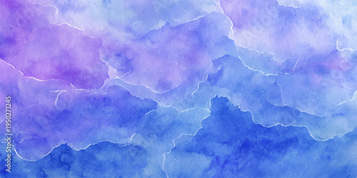 An abstract blue watercolor texture evokes a bright summer sky with vintage grunge patterns and soft white clouds drifting through a light, atmospheric day