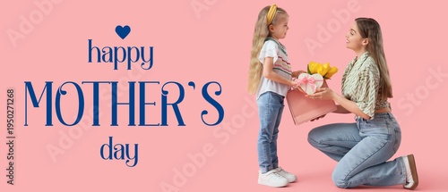 Cute little girl greeting her mom for Mother's Day with yellow tulips and gifts on pink background