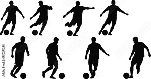 soccer player silhouette set, football athletes dribbling ball collection, sport action poses, professional football training concept, isolated vector