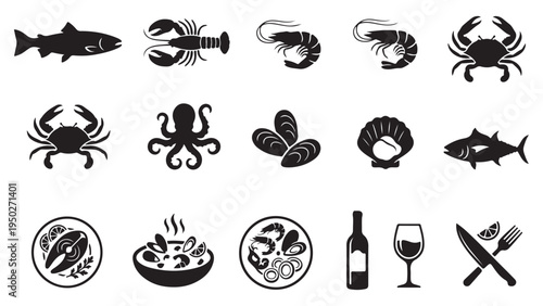 Gourmet Seafood and Fish Icon Set - Black Silhouette Vectors for Culinary Branding