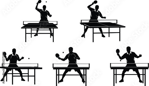 Table tennis player silhouettes set, ping pong action poses, sport training illustration, isolated athletes, competitive indoor racket game concept collection