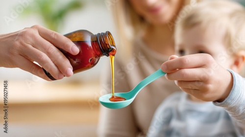 Parent providing cough medicine to sick child, pouring orange syrup into a spoon for pediatric healthcare treatment