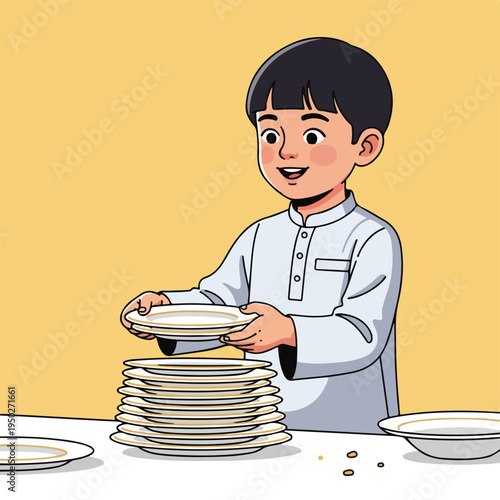 A young boy stacking plates on a table in a cheerful setting