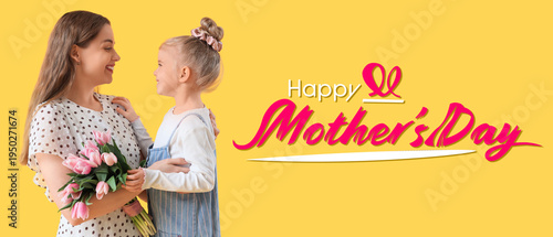 Cute little girl greeting her mom for Mother's Day with tulips on yellow background