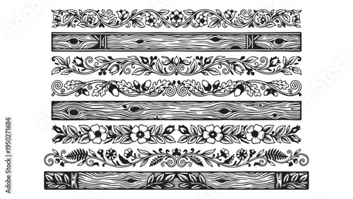 Decorative Horizontal Borders with Floral Vines and Rustic Wood Grain Patterns