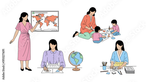 Mom and kids doing school at home : A mother teaches her children at home, showing diverse home learning activities such as reading, and crafting, with a focus on education and family bonding.