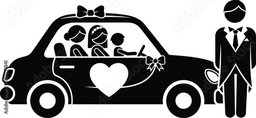 Wedding car with bride groom and family silhouettes, romantic marriage celebration vehicle, love heart decoration illustration isolated vector