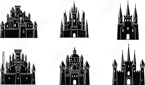 Castle silhouette, medieval fortress, fantasy architecture, black tower, gothic palace, historic building, fairytale castle, vector icon, isolated design, illustration