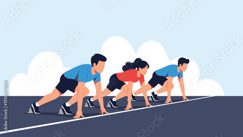 Athletes in athletic wear prepare at the starting line of a running track, showing great determination and focus before a competition begins.