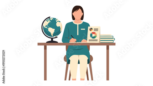 World of Education: A teacher sits at a desk, the globe and resources at hand, preparing lessons. Capturing the spirit of education, teaching and learning.