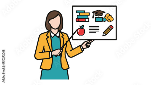 Academic Presentation: An illustration of a female instructor, meticulously presenting essential academic elements with a pointer. A display board reveals subjects like,  a red apple, a pencil.