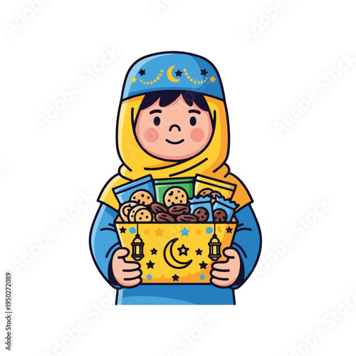 Smiling kid wearing headscarf holding colorful treats box