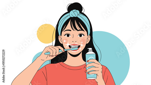 Young woman with a blue headband brushes her teeth with white toothpaste and a blue brush as part of her healthy daily morning routine.