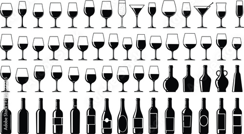 Wine glass and bottle silhouettes collection, alcohol drinkware set, bar beverage containers, winery drink illustration isolated vector