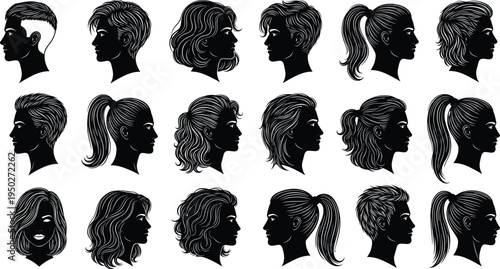 Women hairstyle silhouettes collection, female head profiles with modern haircuts, ponytail bob pixie styles, beauty salon fashion illustration set