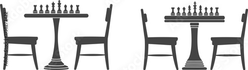 Chess Table and Chairs Silhouette with Chess Pieces, Strategy Game Concept, Classic Board Game Interior Illustration Design