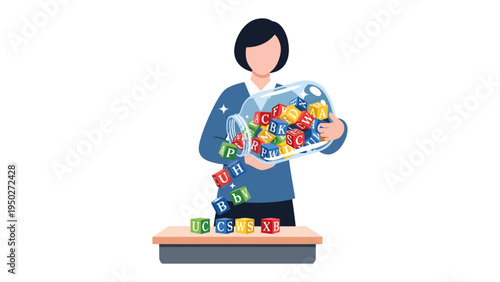 Spilling Alphabet Blocks: Illustration captures a person pouring out colorful alphabet blocks, representing learning, education, and childhood discovery.
