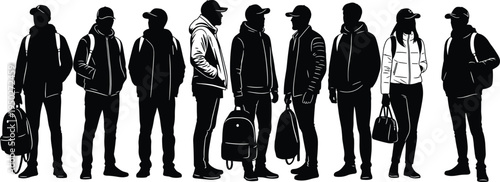 Young people silhouettes with backpacks, casual students standing poses vector illustration set, urban youth characters isolated collection