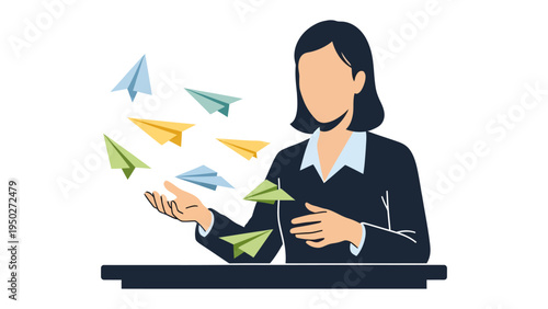 A Vision in Flight: A poised woman exudes creativity as she releases colorful paper airplanes, symbolizing ideas, innovation, and communication. 